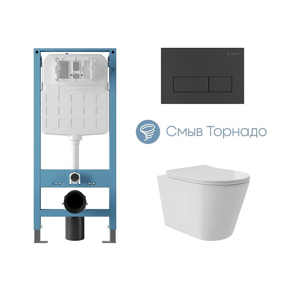 Комплект инсталляции Aqueduto Tecnica Novo с безободковым унитазом Cone Plus Tornado белый глянец, клавиша смыва Retangulo Novo черная матовая