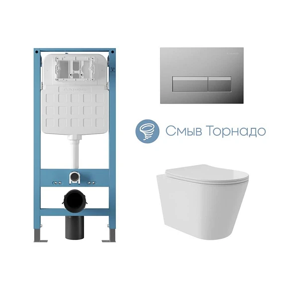 Комплект инсталляции Aqueduto Tecnica Novo с безободковым унитазом Cone Plus Tornado белый глянец, клавиша смыва Retangulo Novo глянцевый хром