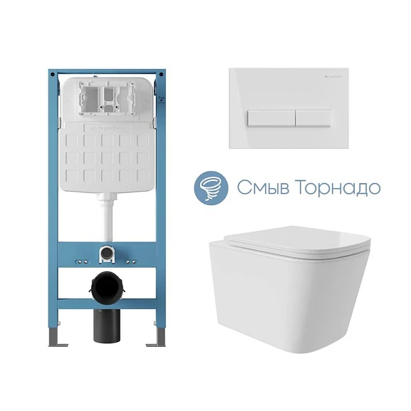Комплект инсталляции Aqueduto Tecnica Novo с безободковым унитазом Macio Plus Tornado белый глянец, клавиша смыва Retangulo белый глянец