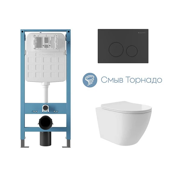 Комплект инсталляции Aqueduto Tecnica Novo с безободковым унитазом Ovo Plus Tornado белый глянец, клавиша смыва Circulo черная матовая