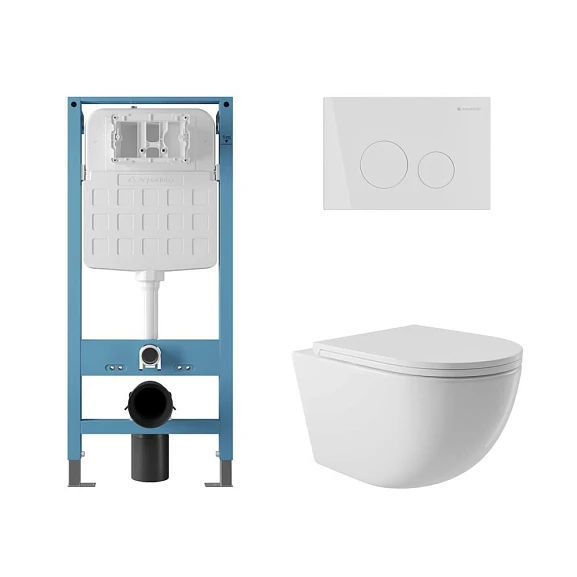 Комплект инсталляции Aqueduto Tecnica Novo с безободковым унитазом Ovo белый глянец, клавиша смыва Circulo белый глянец