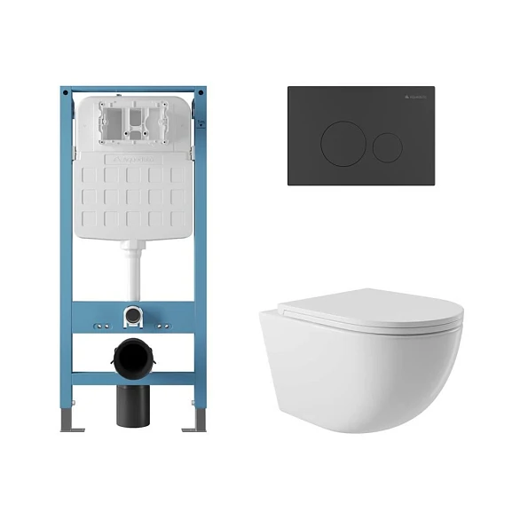 Комплект инсталляции Aqueduto Tecnica Novo с безободковым унитазом Ovo белый глянец, клавиша смыва Circulo Novo черная матовая