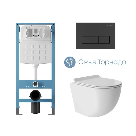 Комплект инсталляции Aqueduto Tecnica Novo с безободковым унитазом Ovo Tornado белый глянец, клавиша смыва Retangulo Novo черная матовая