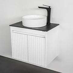 Тумба с раковиной Comforty Двина 60ПД белая матоовая с черной столешницей с отверстием под смеситель (раковина Comforty 9111)