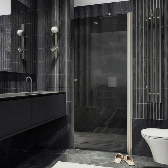 Душевая дверь в нишу MaybahGlass 60*198 профиль матовый хром стекло графит без поддона