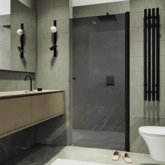 Душевая дверь в нишу MaybahGlass 60*198 профиль черный матовый стекло графит без поддона