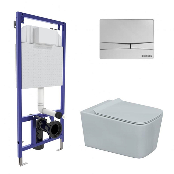 Комплект инсталляции Berges Novum клавиша смыва F3 хром глянец унитаз Floe Rimless крышка-сиденье Floe Slim SO
